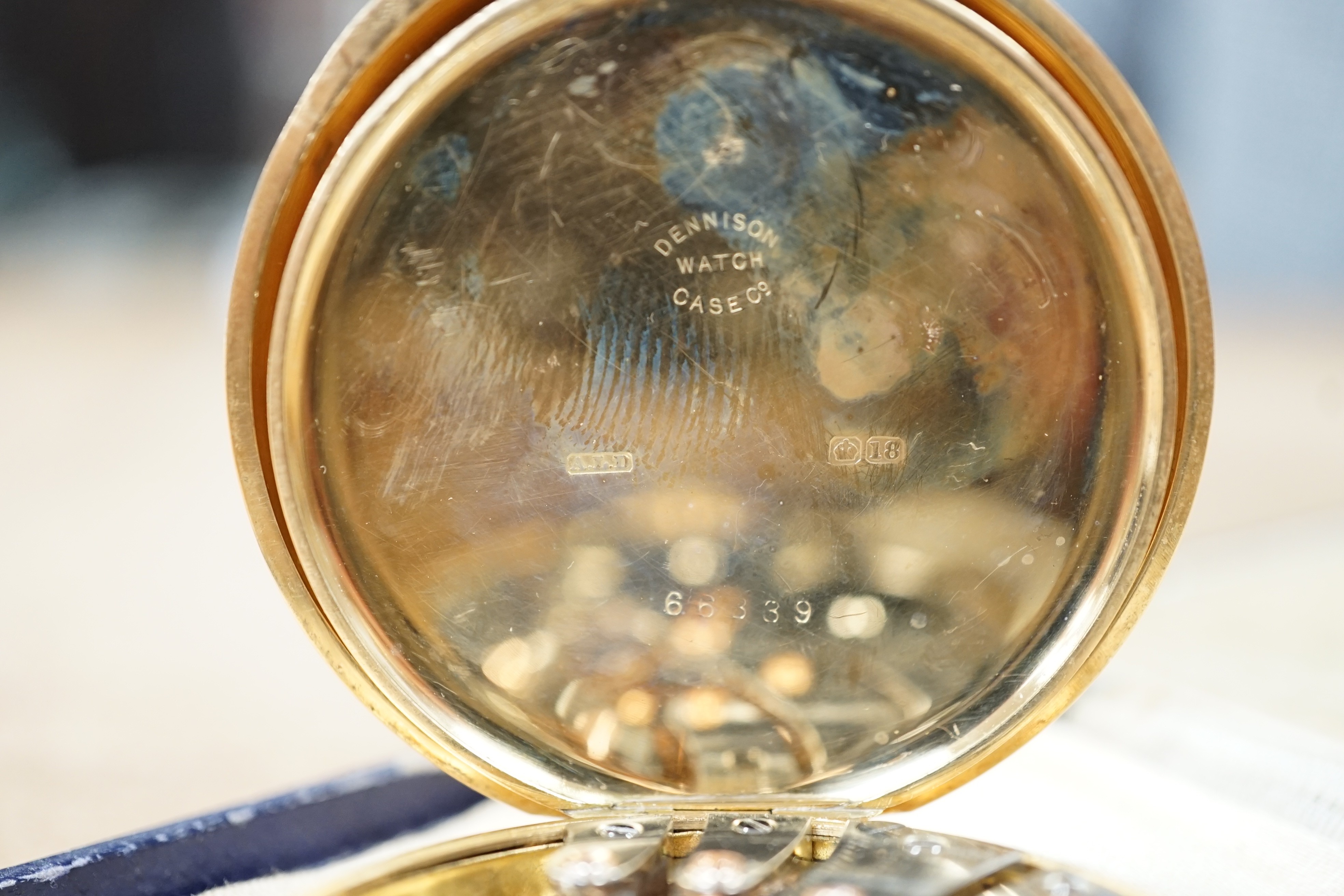 A George V 18ct gold Waltham open faced keyless pocket watch, with Arabic dial and subsidiary seconds, case diameter 50mm, gross weight 98.9 grams.